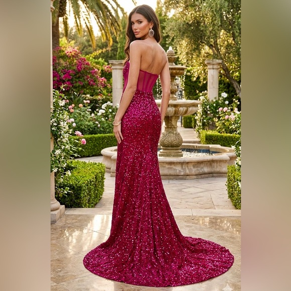 Alyce Paris Fuchsia Plush Sequins Strapless Sheer Top Dress size 00 - Picture 2 of 15